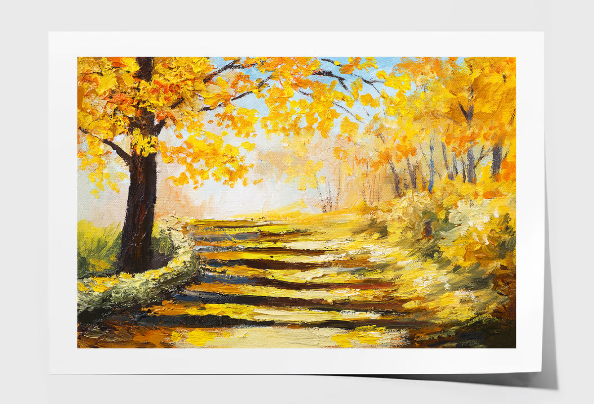 Yellow Autumn Trees & Pathway Oil Painting Wall Art Limited Edition High Quality Print Unframed Roll Canvas None