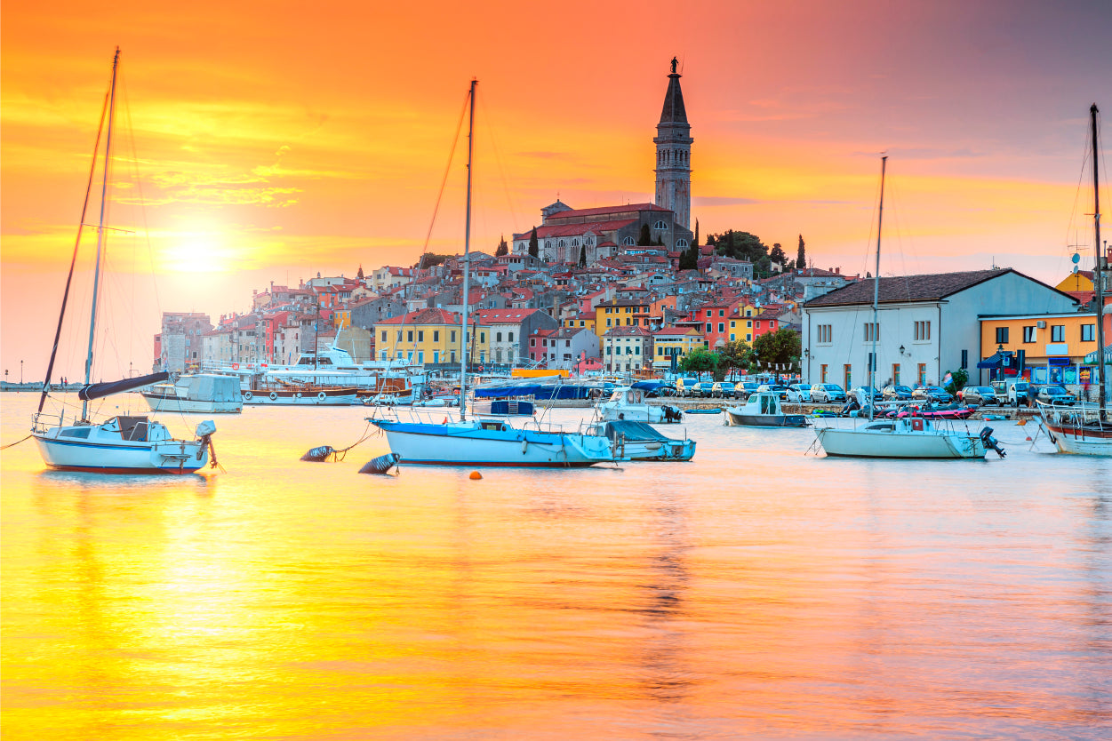 Golden Old Town of Rovinj Harbour with Sunset Croatia Wall Art Decor 100% Australian Made