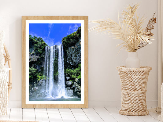 Rocky Mountain & Jeju Waterfall Glass Framed Wall Art, Ready to Hang Quality Print With White Border Oak