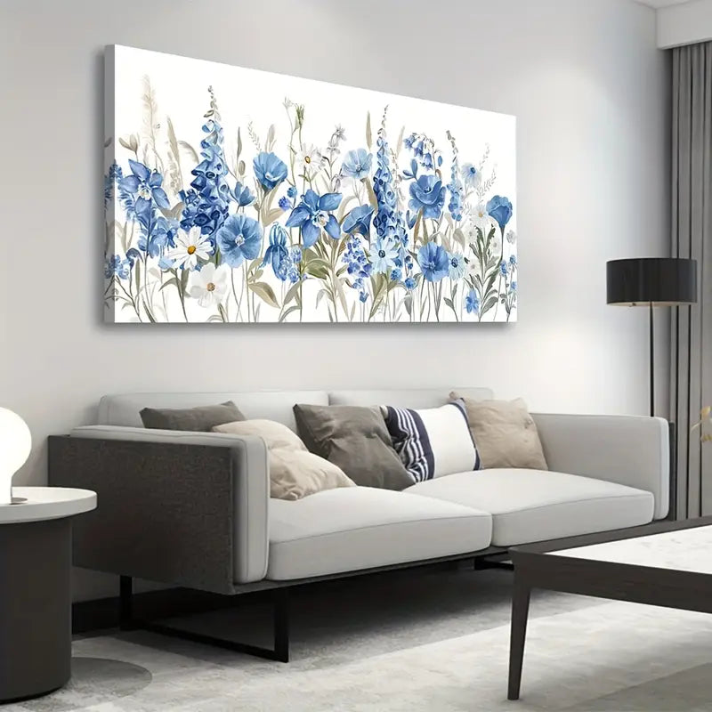 Vibrant Blue Iris & Daisy Modern Botanical Wall Art canvas office home room framed 120x60cm
