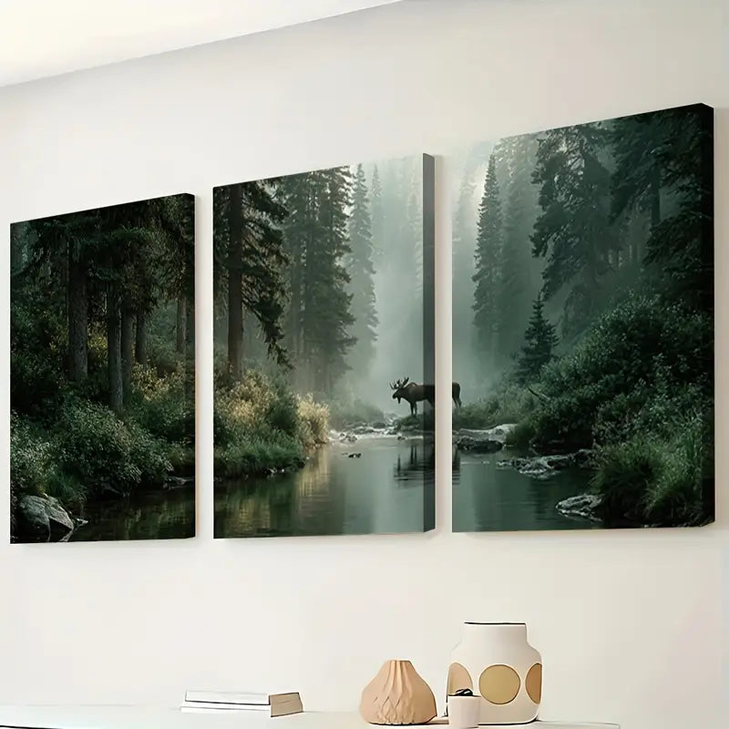 3pcs Canadian Poplar Forest Moose Scene Wall Art Set Canvas Framed 60x90cm - High Quality Print 100% Australian Made Wall Canvas Ready to Hang