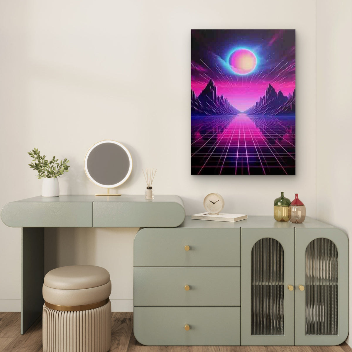Pink Grid planet & Mountain Silhouette Landscape Metal Print Ready to Hang