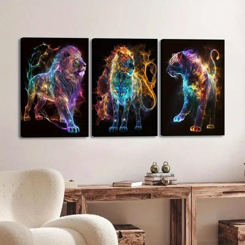 3pcs Powerful Neon Lion Art Metal Print Ready to Hang Art