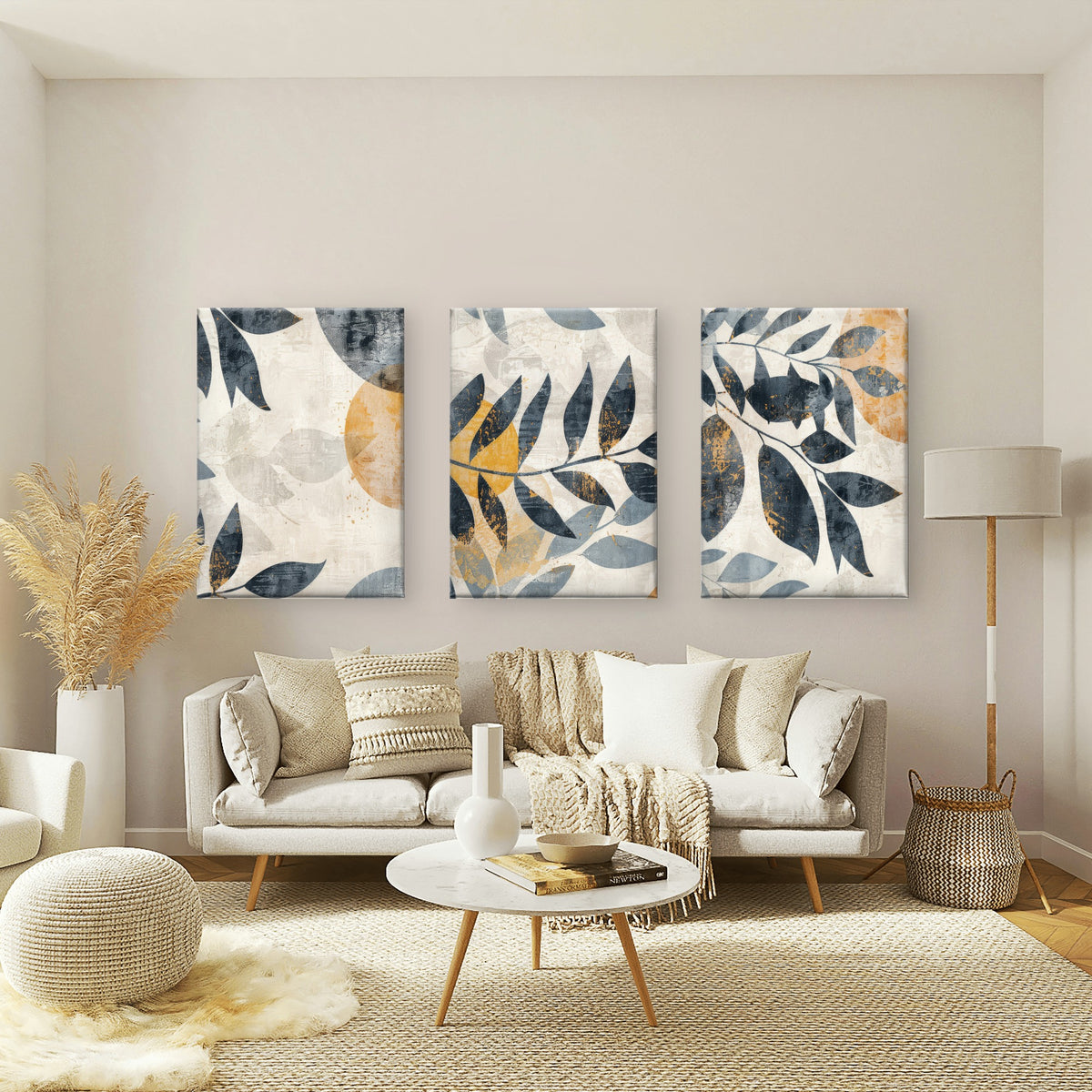 3pcs Abstract Ochre Navy Blue Eucalyptus Wall Art Set Canvas Framed 50x70cm - High Quality Print 100% Australian Made Wall Canvas Ready to Hang
