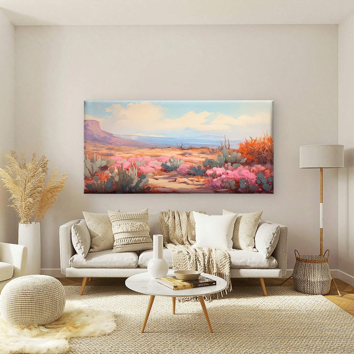 Desert Cactus & Pink Blooms Wall Art Canvas Office Home Room Framed 120x60cm