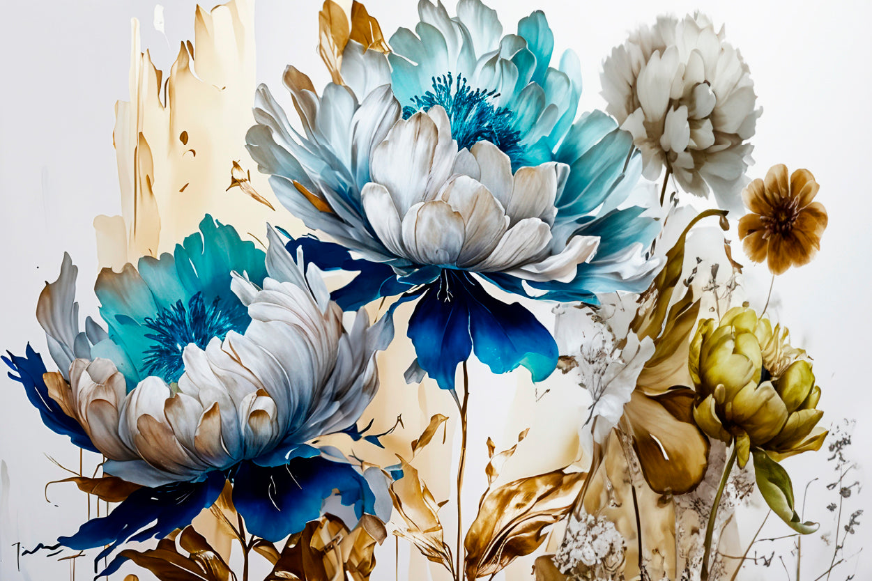 Botanical Flowers Gold Blue Design Wall Art Decor 100% Australian Made