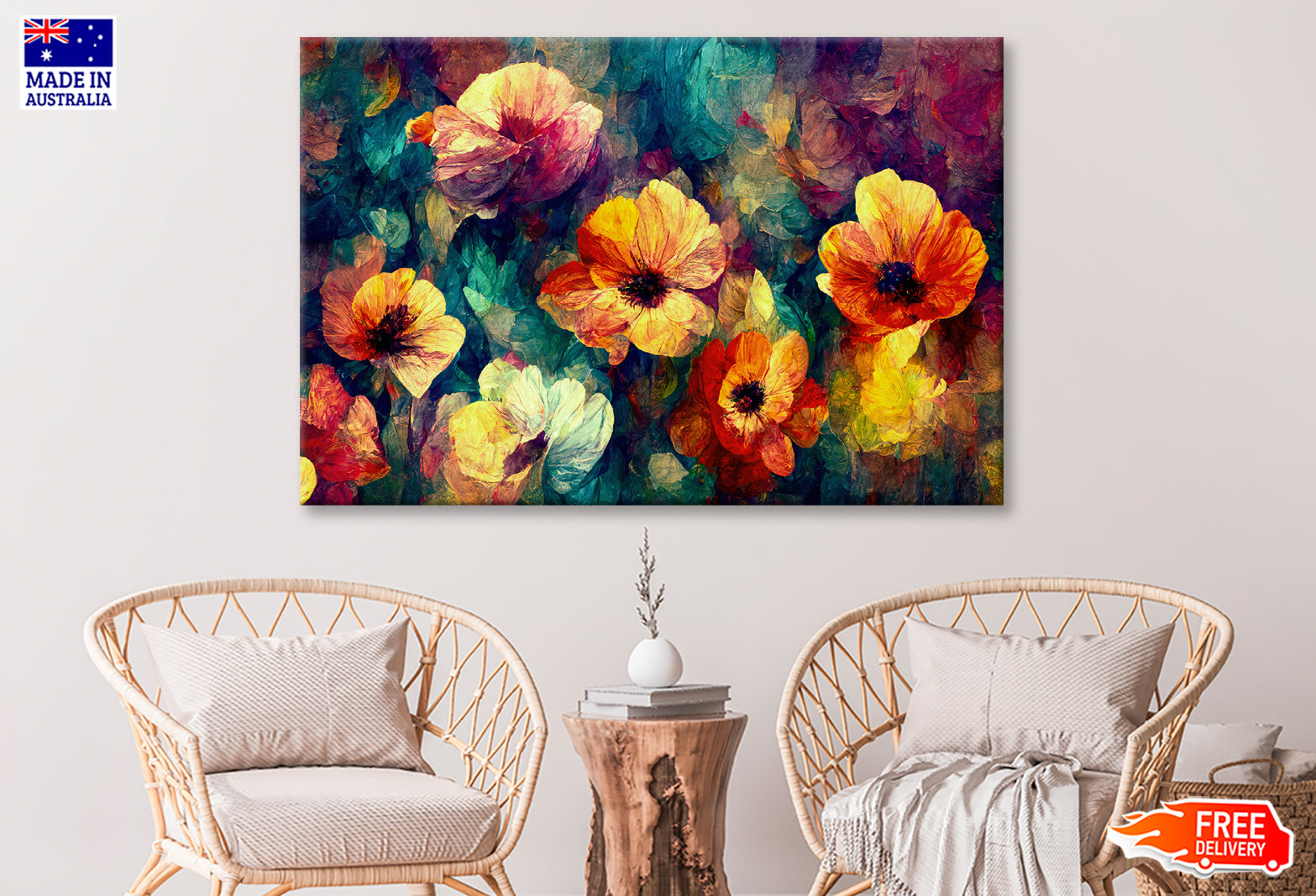 Red Orange Blue Abstract Flowers Oil Painting Wall Art Limited Edition ...