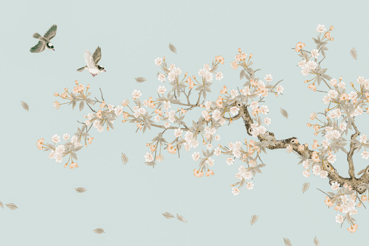 Chinoiserie Style Songbirds and Soft Green Blossoms Branch Wall Art Decor 100% Australian Made