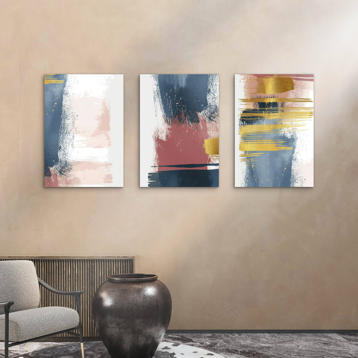 3pcs Modern Blush Pink Navy Blue Gold Foil Art Wall Art Set Canvas Framed 60x90cm - High Quality Print 100% Australian Made Wall Canvas Ready to Hang