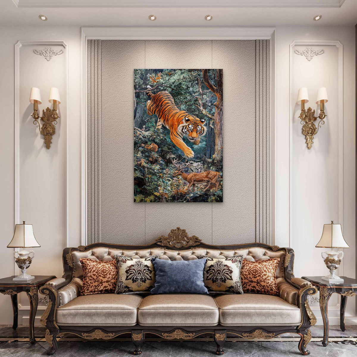 Tiger Hunting Deer Illustration 40x60cm Metal Print Ready to Hang