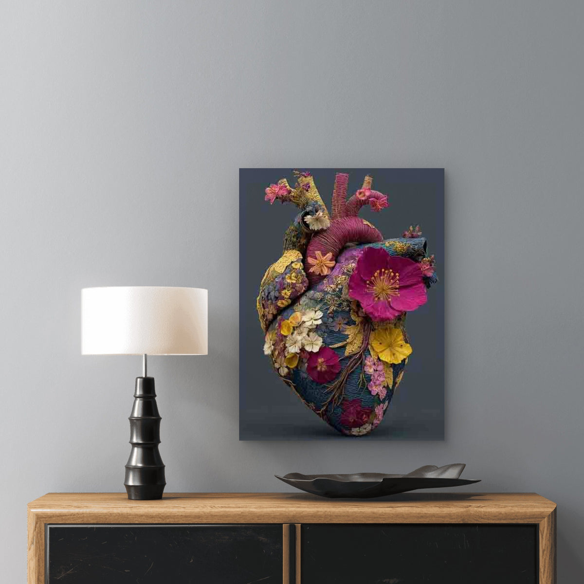Lively Anatomical Heart with Dark Flowers Metal Print Ready to Hang