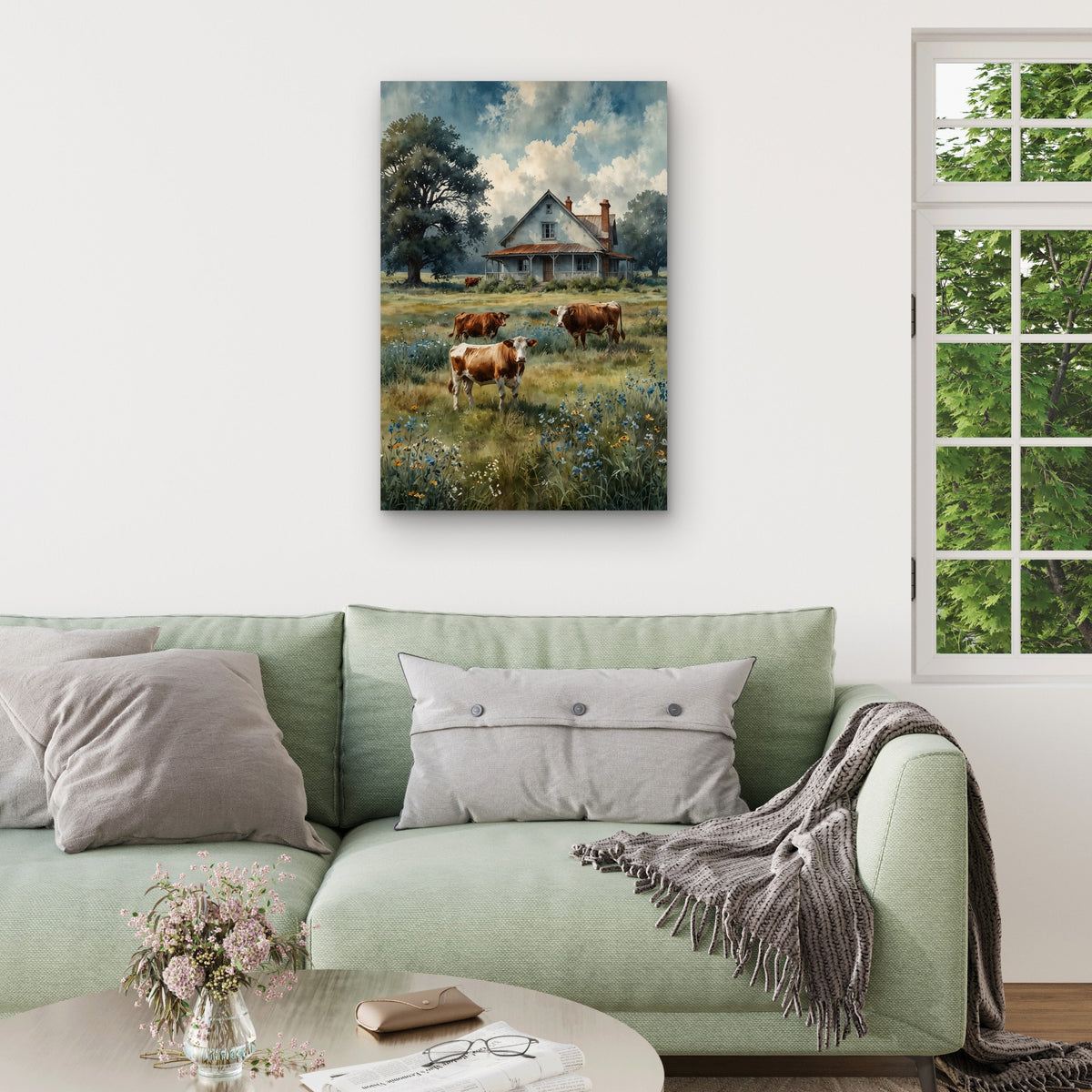 Watercolor of Rustic Farm with Grazing Cows 60x90cm Metal Print Ready to Hang