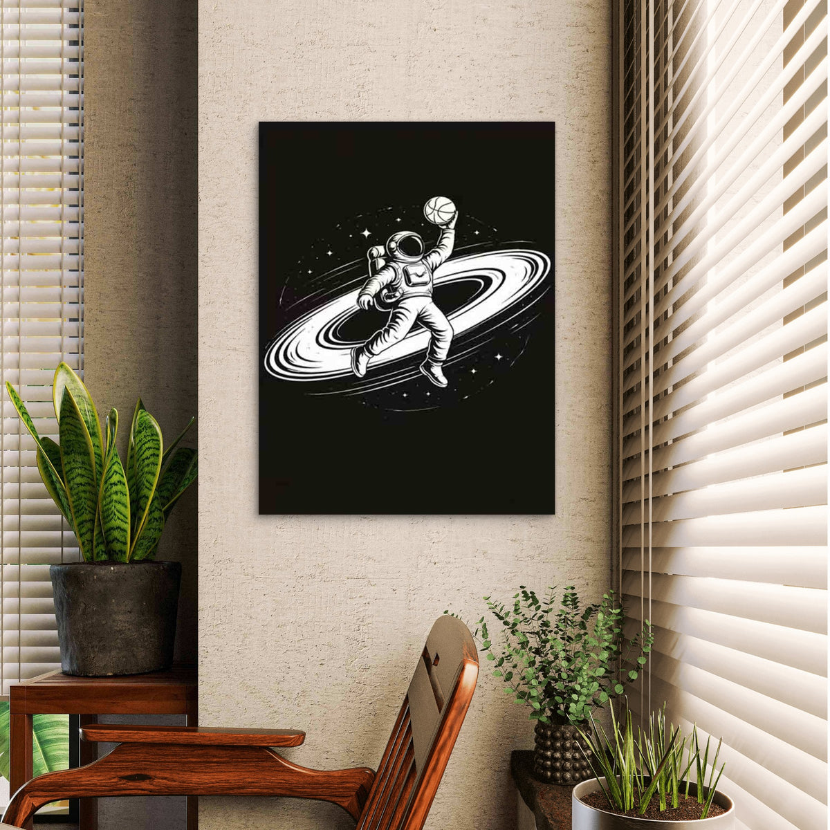 Astronaut Playing Basketball 40x60cm Metal Print Ready to Hang