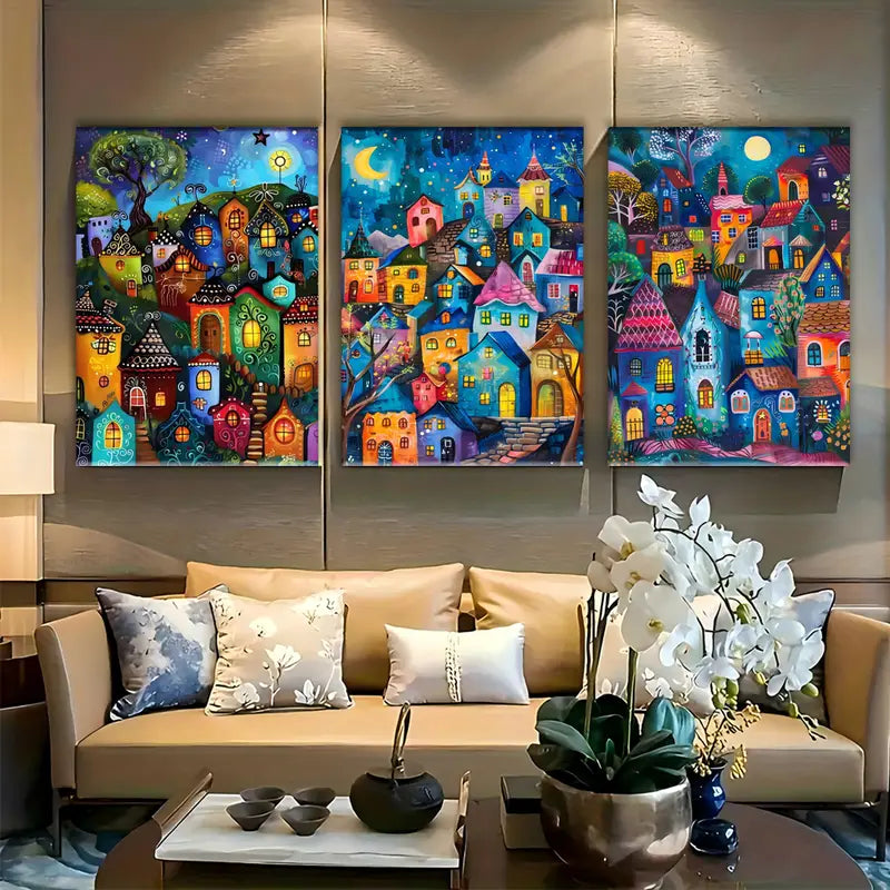 3pcs Magic Forest Village Triptych: Starry Night Metal Print Ready to Hang Art