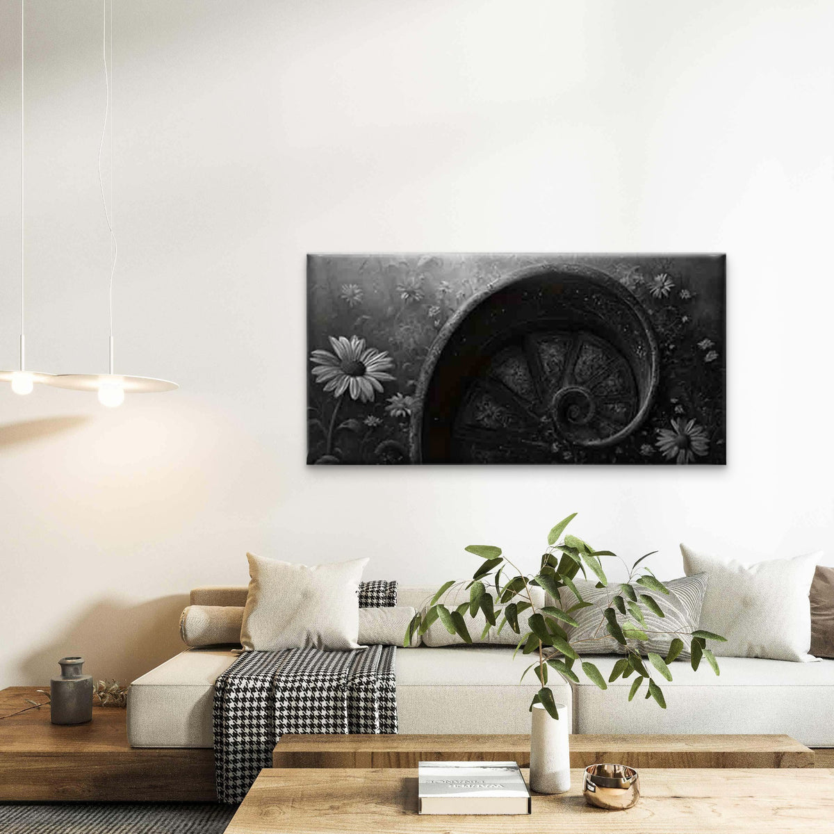 Spiral Staircase And Daisies Wall Art Canvas Office Home Room Framed 120x60cm