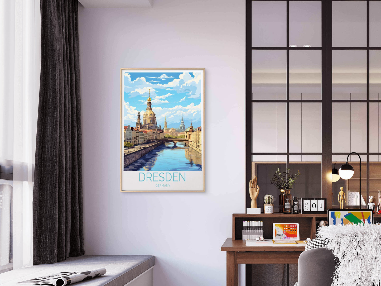 Dresden City in Germany, Church & Canal Travel Poster Print Wall Art