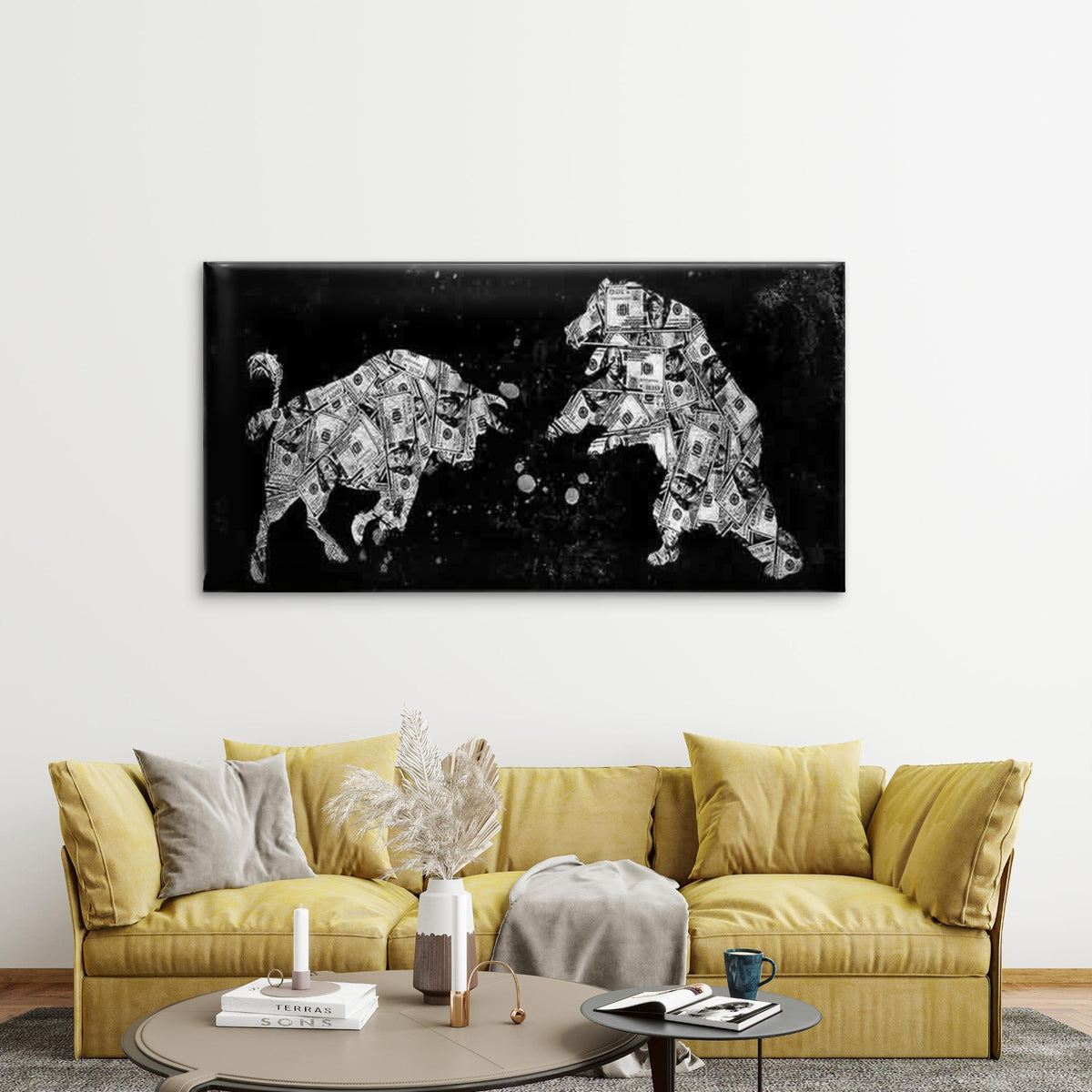 Abstract Bull & Bear Wall Art Canvas Office Home Room Framed 120x60cm