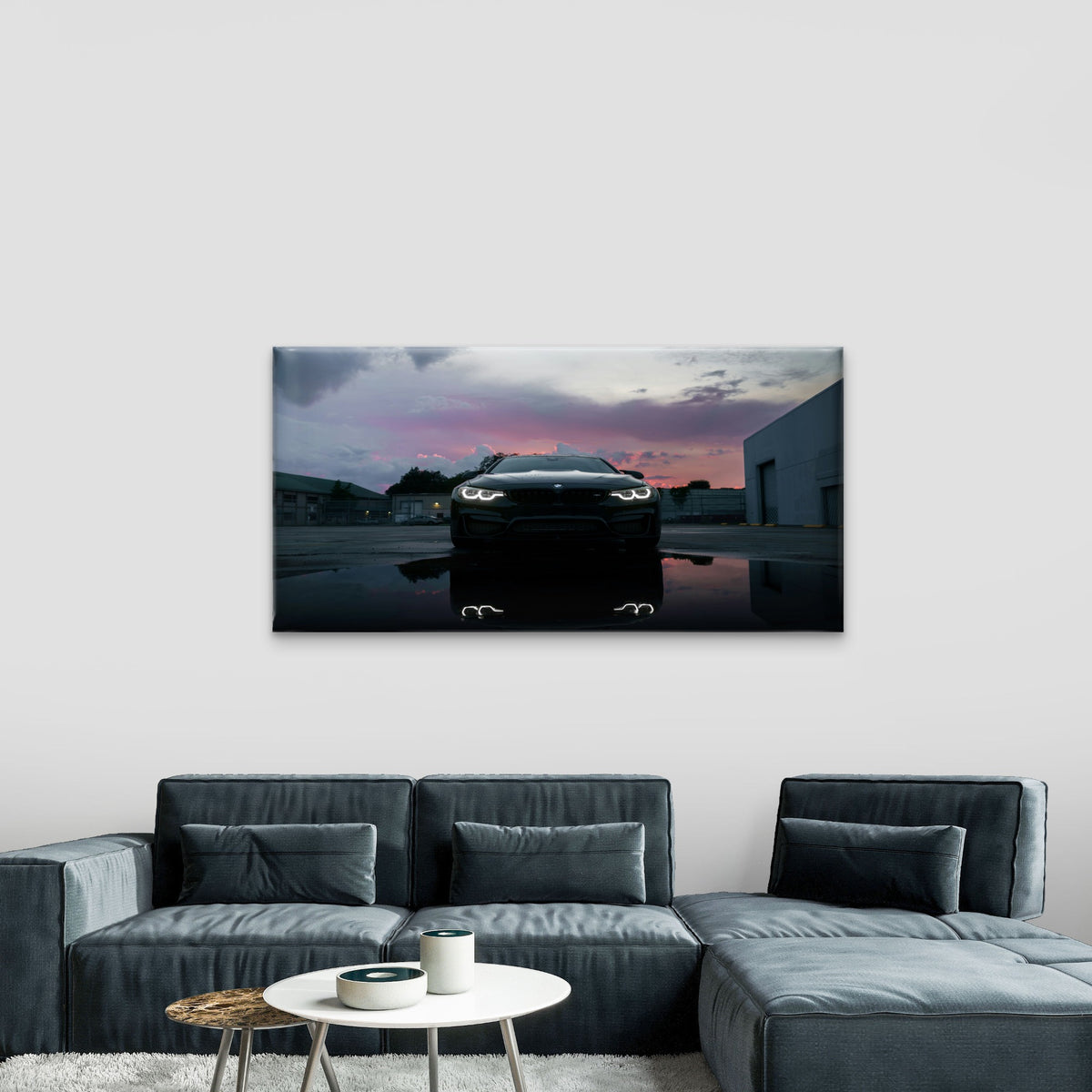BMW M4 Coupe At Dusk With Its Headlights Illuminated Wall Art Canvas Office Home Room Framed 120x60cm