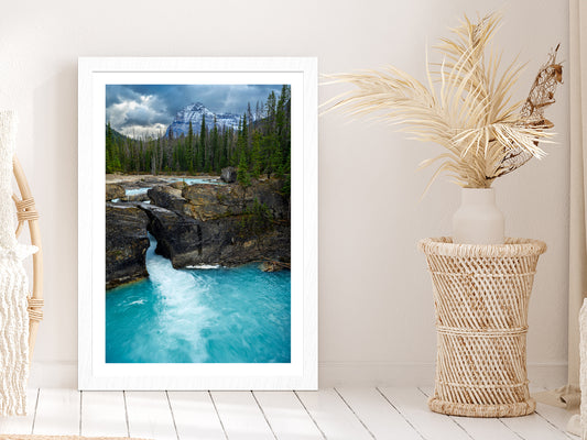 River Flows Down From Mountains Glass Framed Wall Art, Ready to Hang Quality Print With White Border White