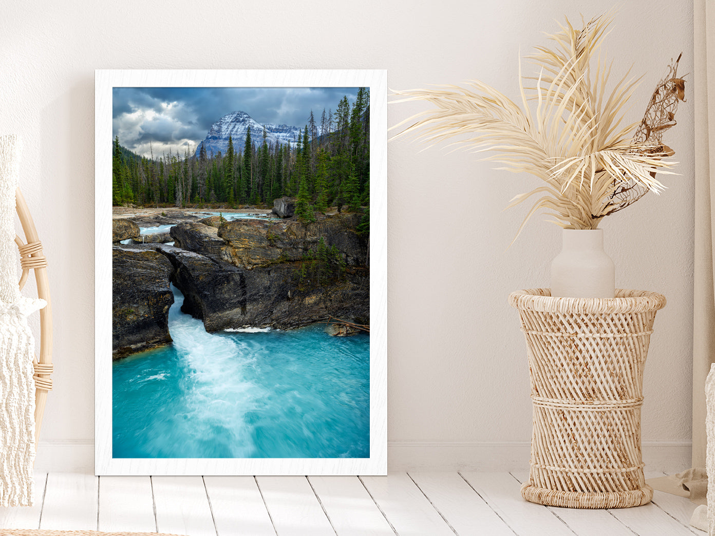 River Flows Down From Mountains Glass Framed Wall Art, Ready to Hang Quality Print Without White Border White