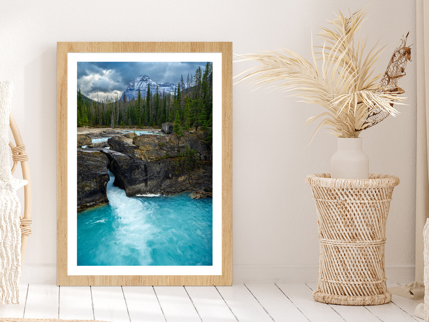 River Flows Down From Mountains Glass Framed Wall Art, Ready to Hang Quality Print With White Border Oak