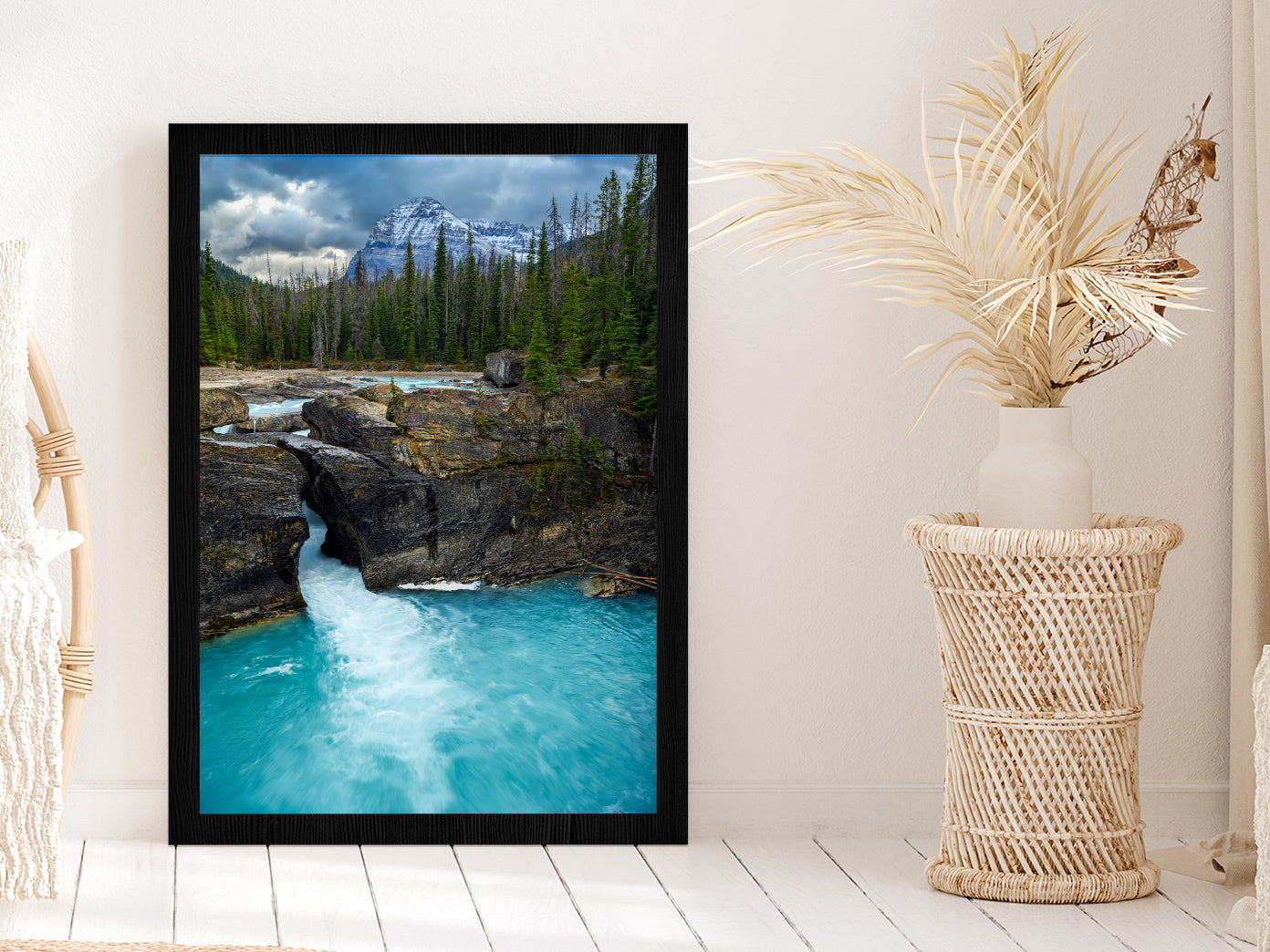 River Flows Down From Mountains Glass Framed Wall Art, Ready to Hang Quality Print Without White Border Black