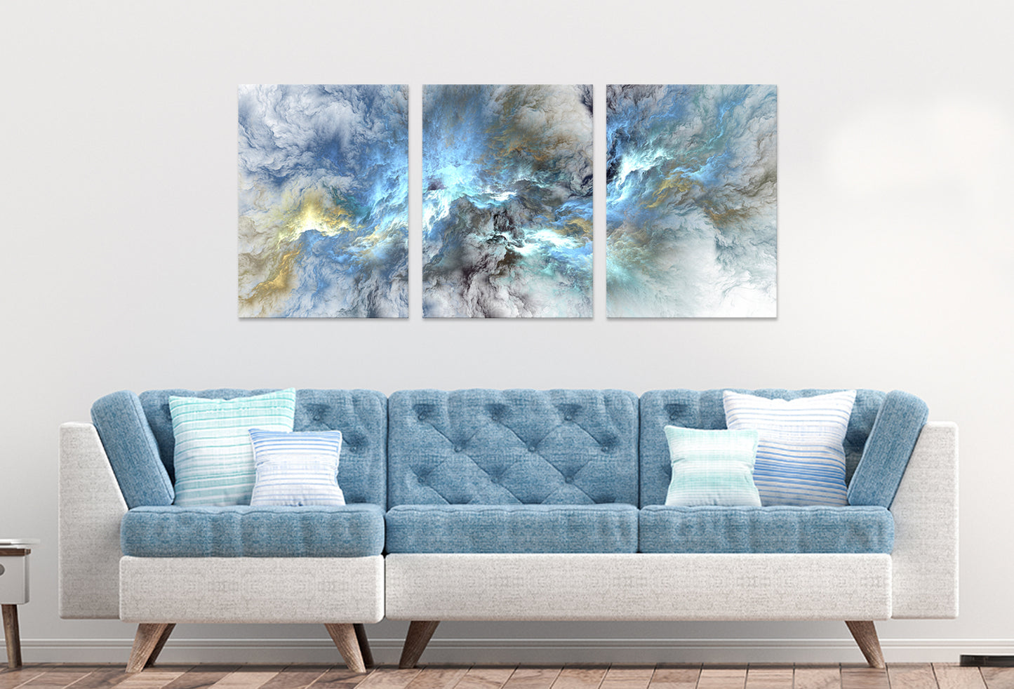 3pcs Blue Yellow Neon Abstract Art White Wall Art Set Canvas Framed 40x60cm - High Quality Print 100% Australian Made Wall Canvas Ready to Hang