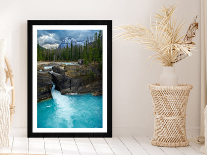 River Flows Down From Mountains Glass Framed Wall Art, Ready to Hang Quality Print With White Border Black
