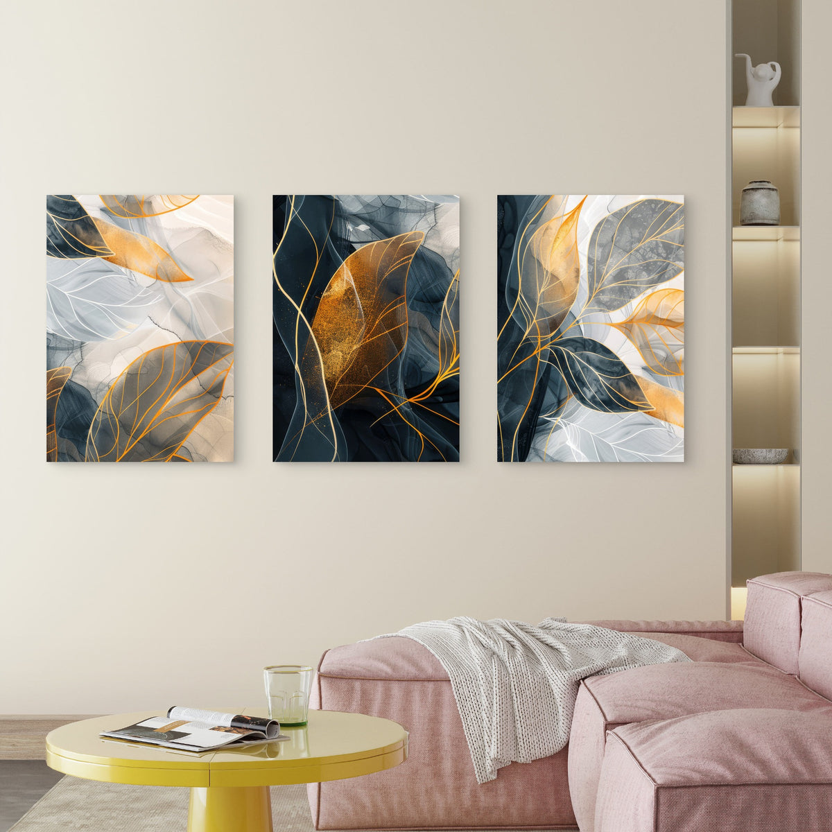 3pcs Navy Grey Gold Leaf Abstract Botanical Metal Print Ready to Hang Art