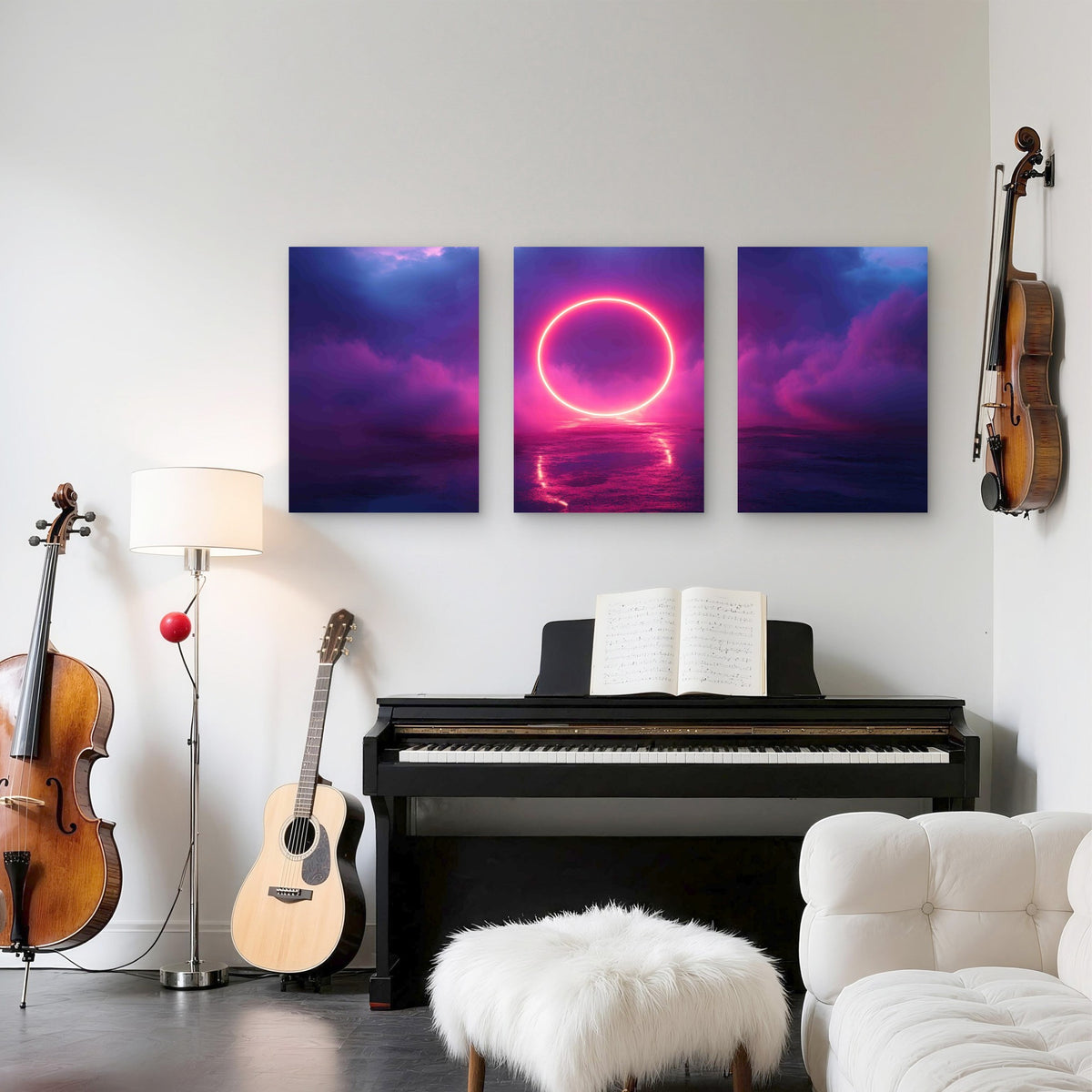 3pcs Neon Ring Stormy Cloud Dark Sky Metal Print Ready to Hang Art