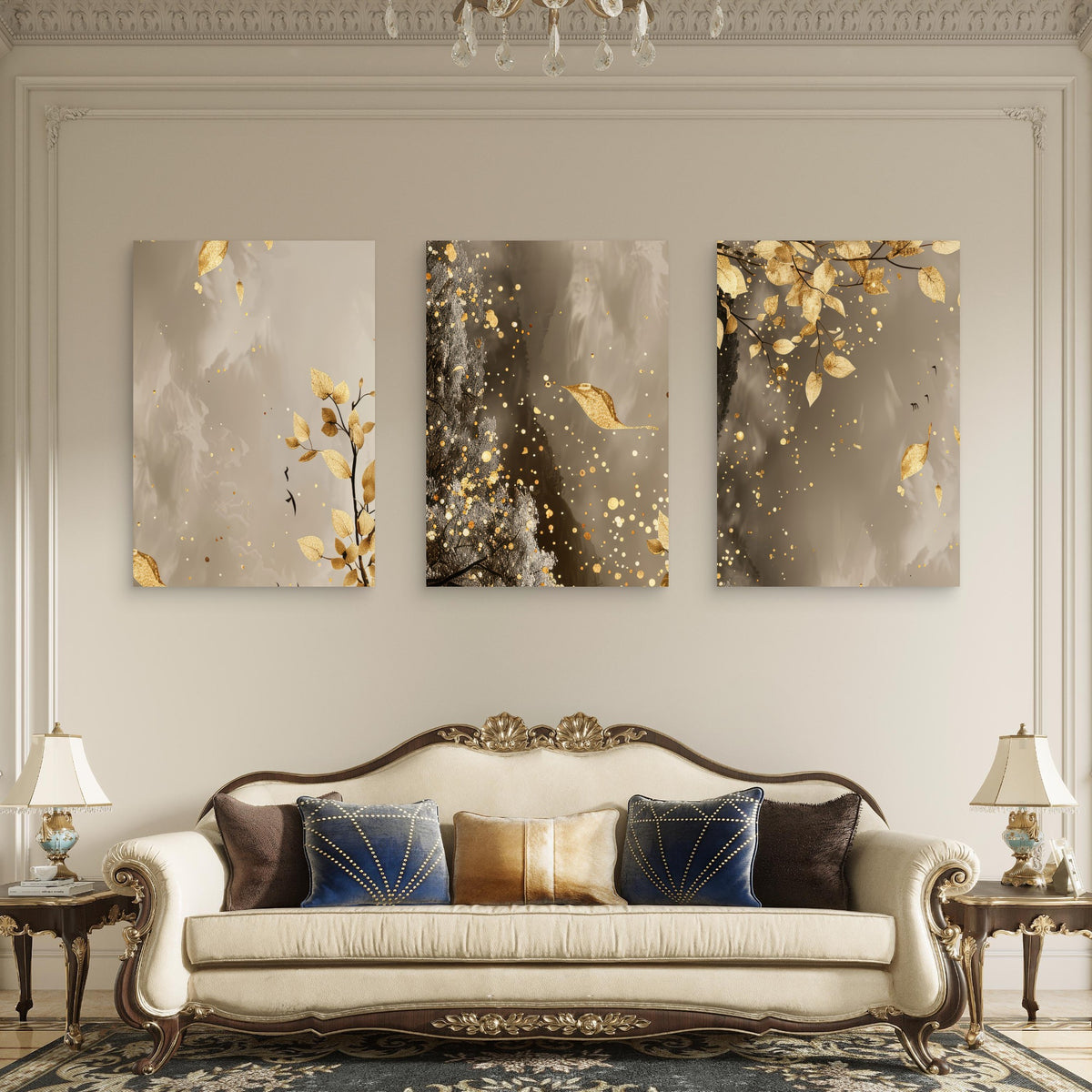 3pcs Modern Golden Botanical Tree Branch Wall Art Set Canvas Framed 60x90cm - High Quality Print 100% Australian Made Wall Canvas Ready to Hang