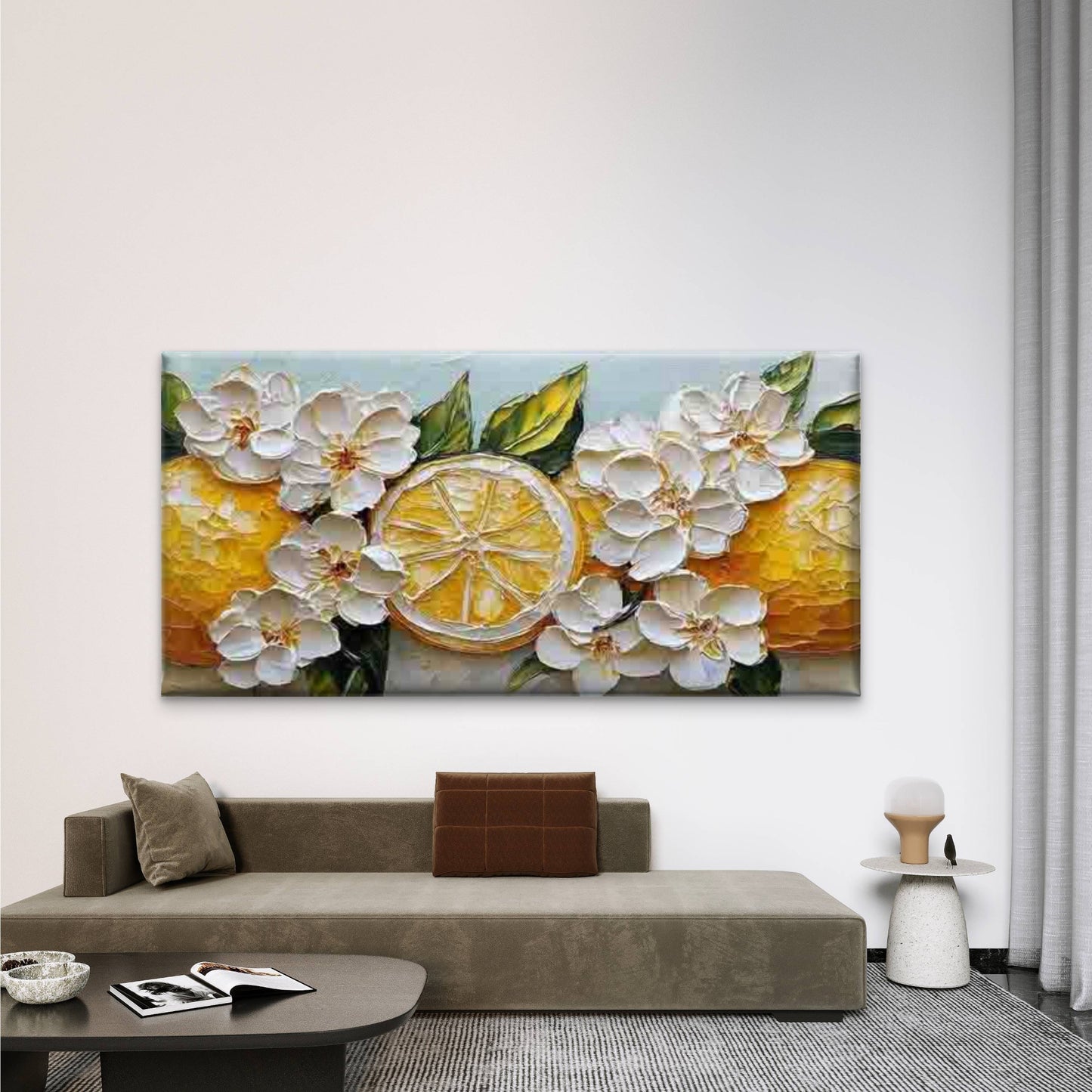Lemons And White Flowers Wall Art Canvas Office Home Room Framed 120x60cm