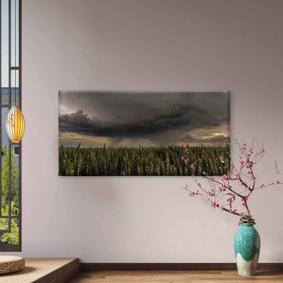 Stormy Sky Over Wheat Field Wall Art Canvas Office Home Room Framed 120x60cm