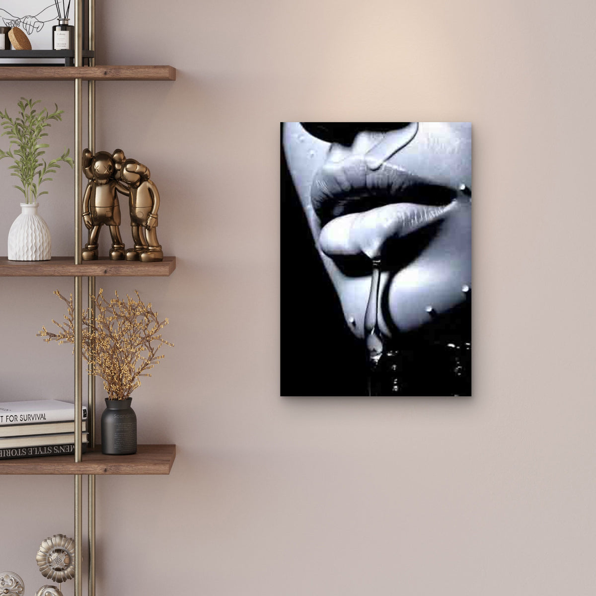 Black & White Lips with Water Droplets Metal Print Ready to Hang