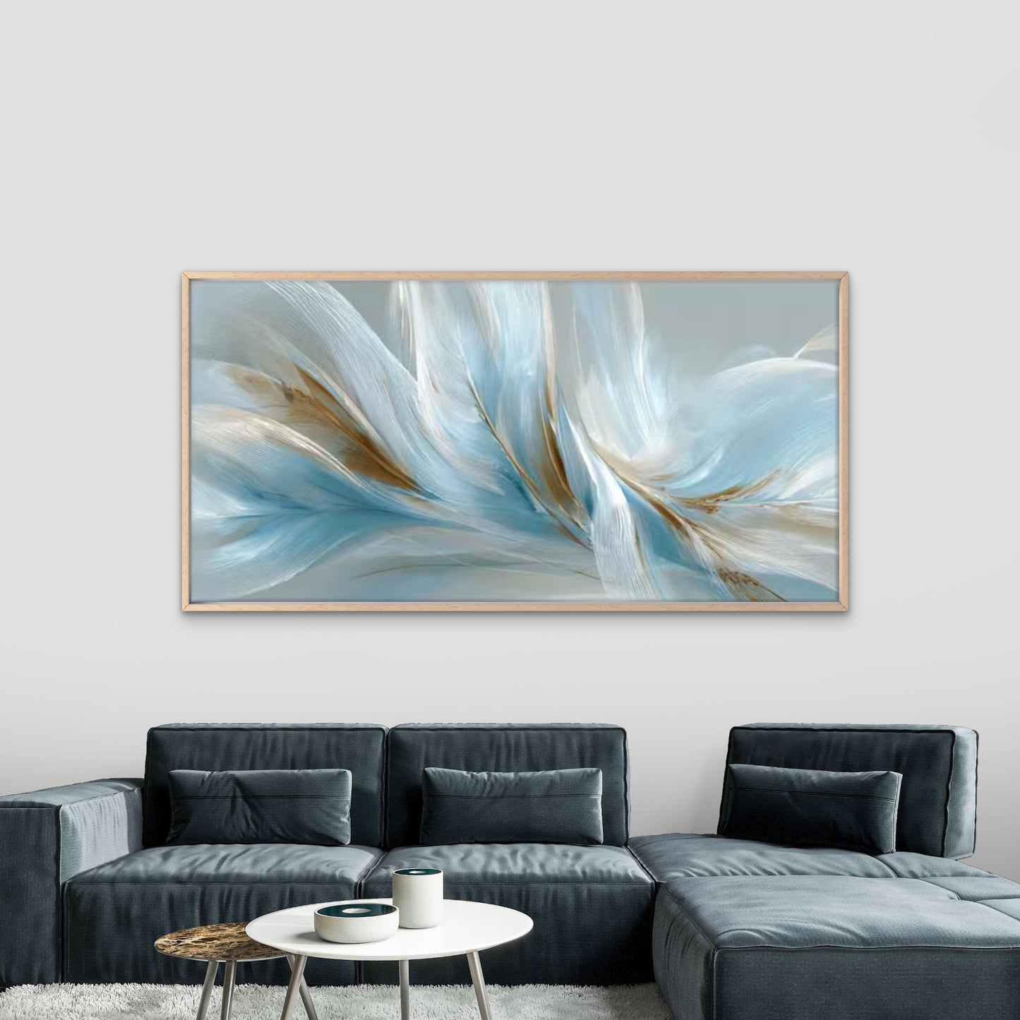 Blue Gold Feather Flow Wall Art Canvas Office Home Room Framed 120x60cm