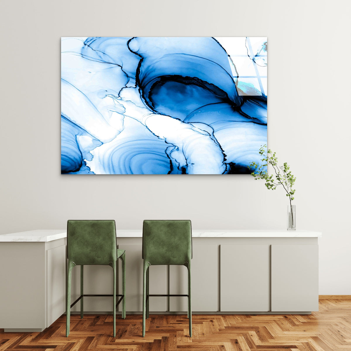 Blue Abstract Fluid Ink Tempered Glass Printing Wall Art Australian Made Quality
