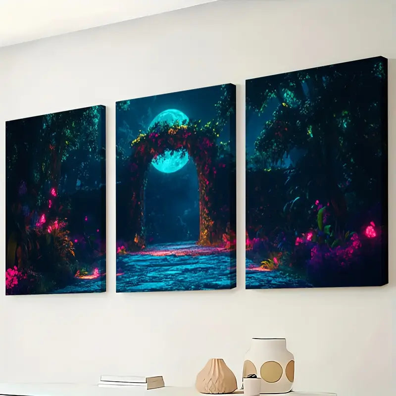 3pcs Moonlit Cedar Forest Wolves Scene Wall Art Set Canvas Framed 60x90cm - High Quality Print 100% Australian Made Wall Canvas Ready to Hang