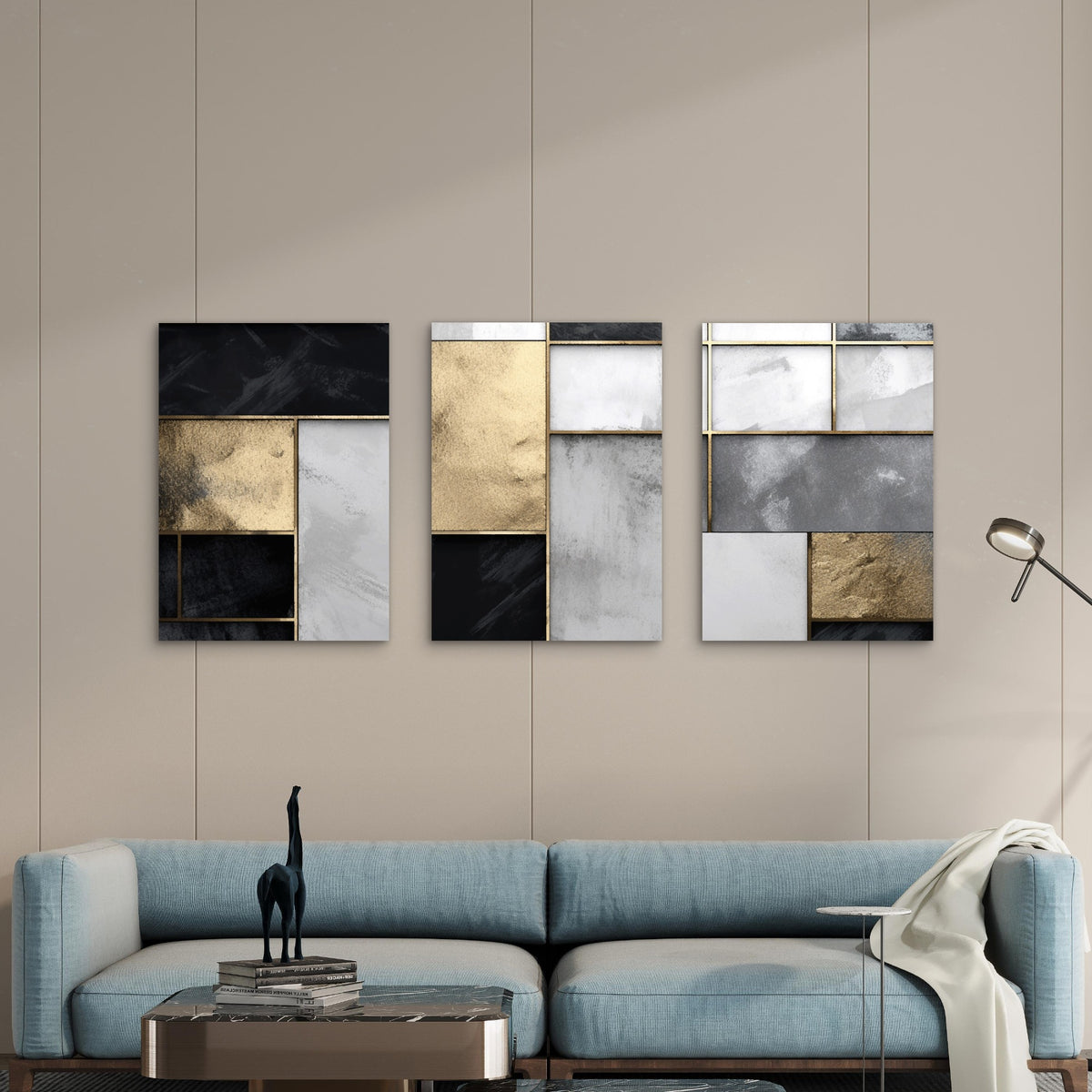 3pcs Modern Geometric Black Gold Abstract Wall Art Set Canvas Framed 60x90cm - High Quality Print 100% Australian Made Wall Canvas Ready to Hang