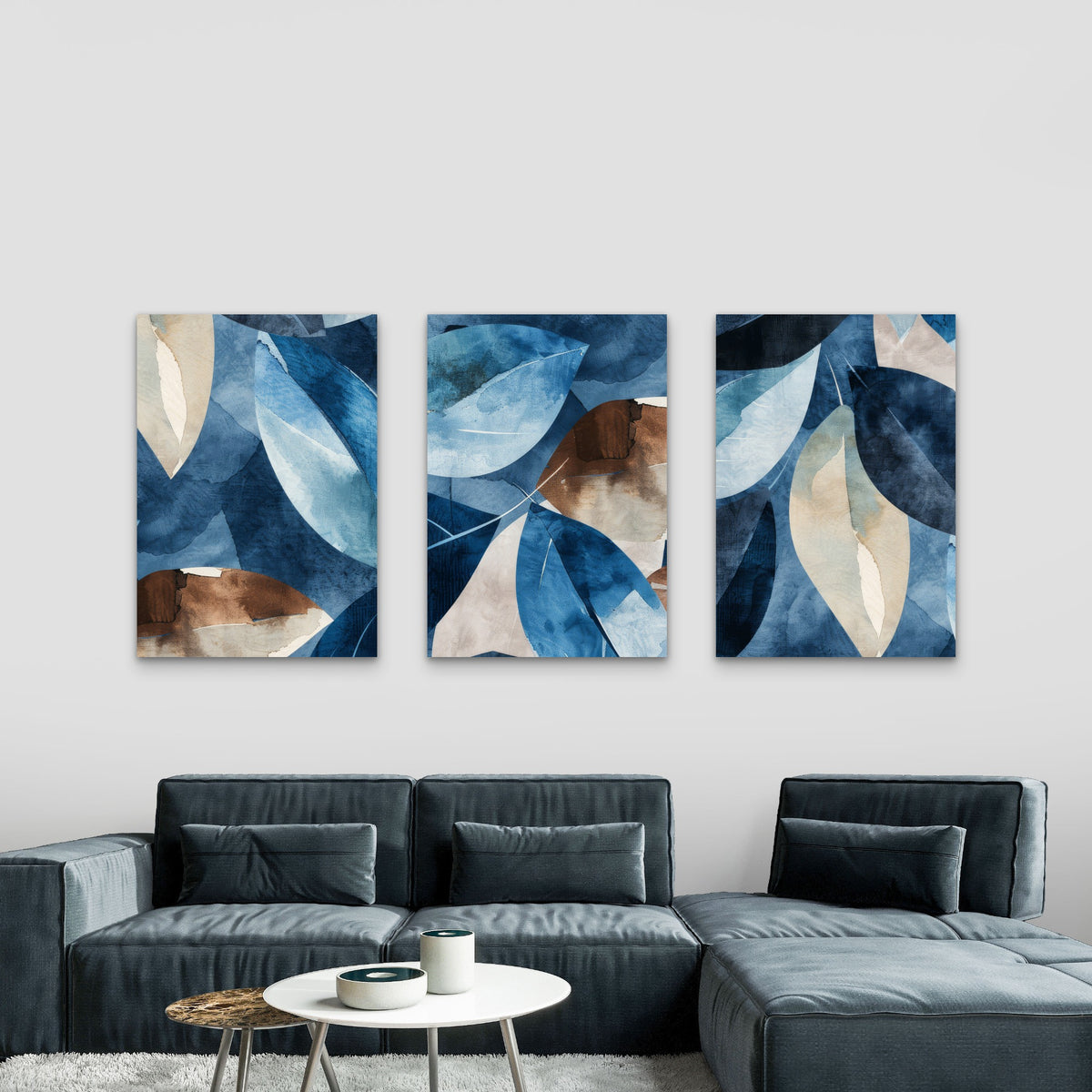 3pcs Abstract Navy Blue Beige Leaves Metal Print Ready to Hang Art