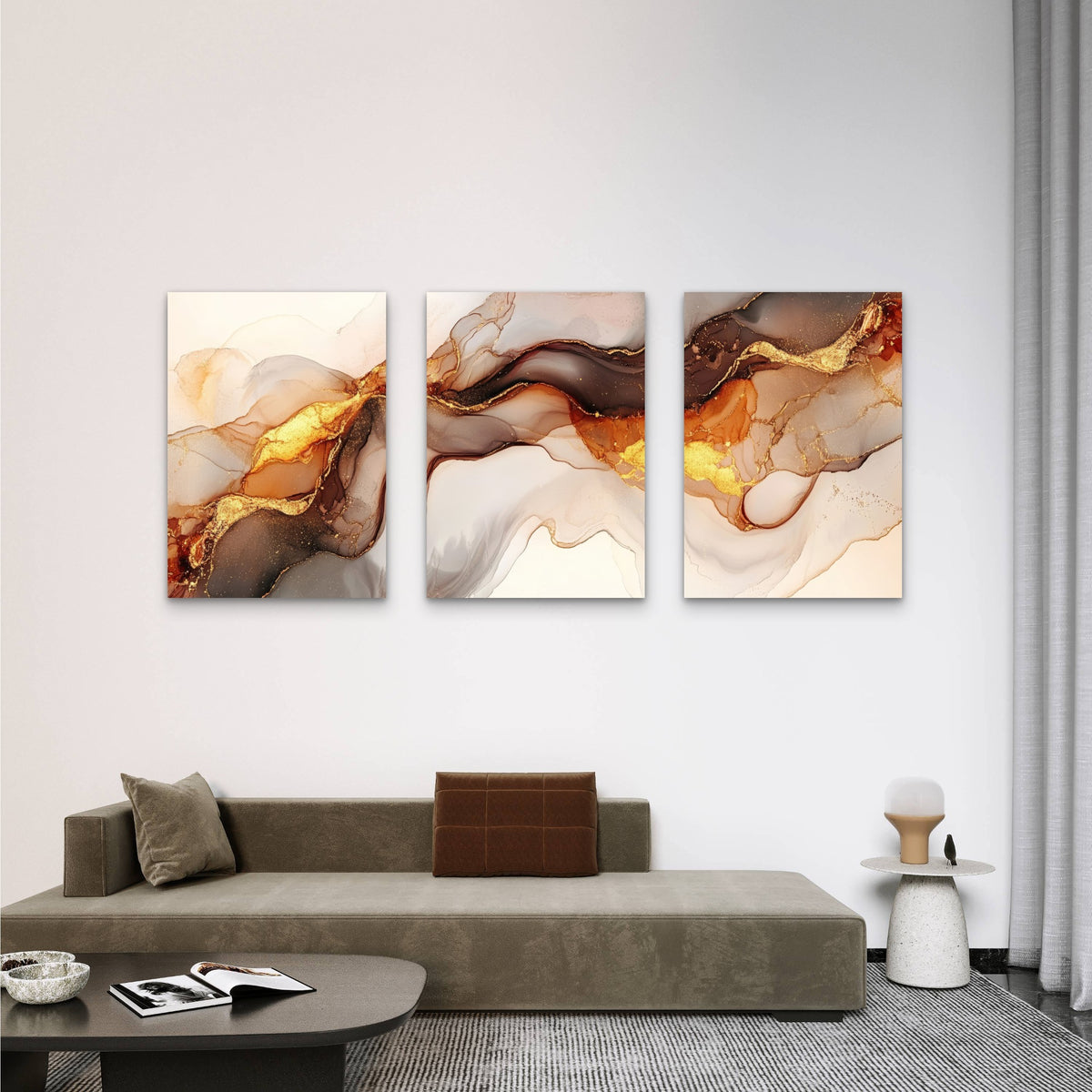 3pcs Luxury Gold Foil Liquid Ink Abstract Fluid Wall Art Set Canvas Framed 50x70cm - High Quality Print 100% Australian Made Wall Canvas Ready to Hang