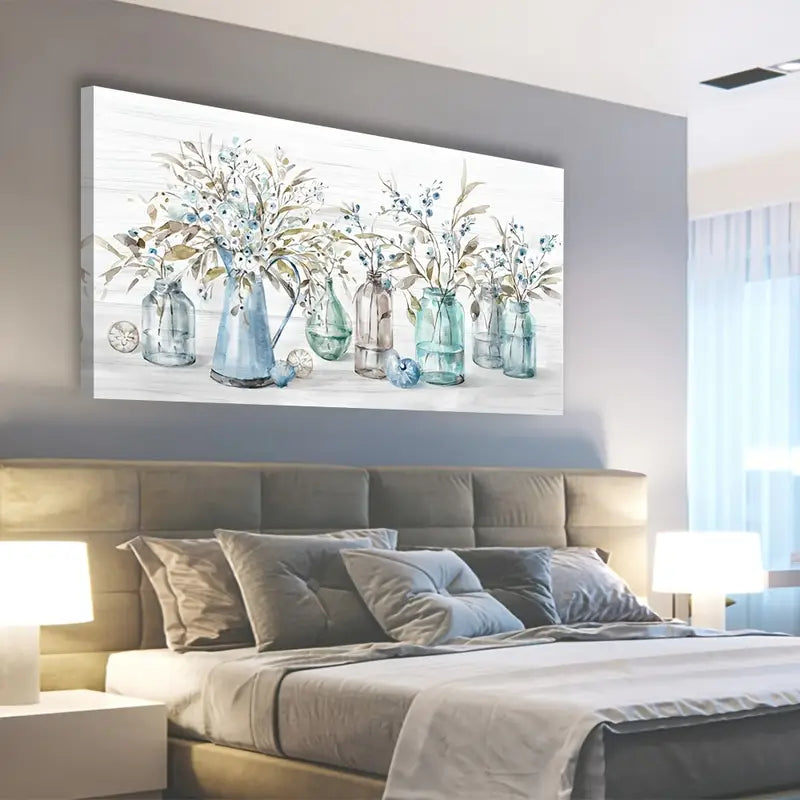 Indigo Floral Jar Vintage Botanical Flower Bottle Wall Art canvas office home room framed 120x60cm