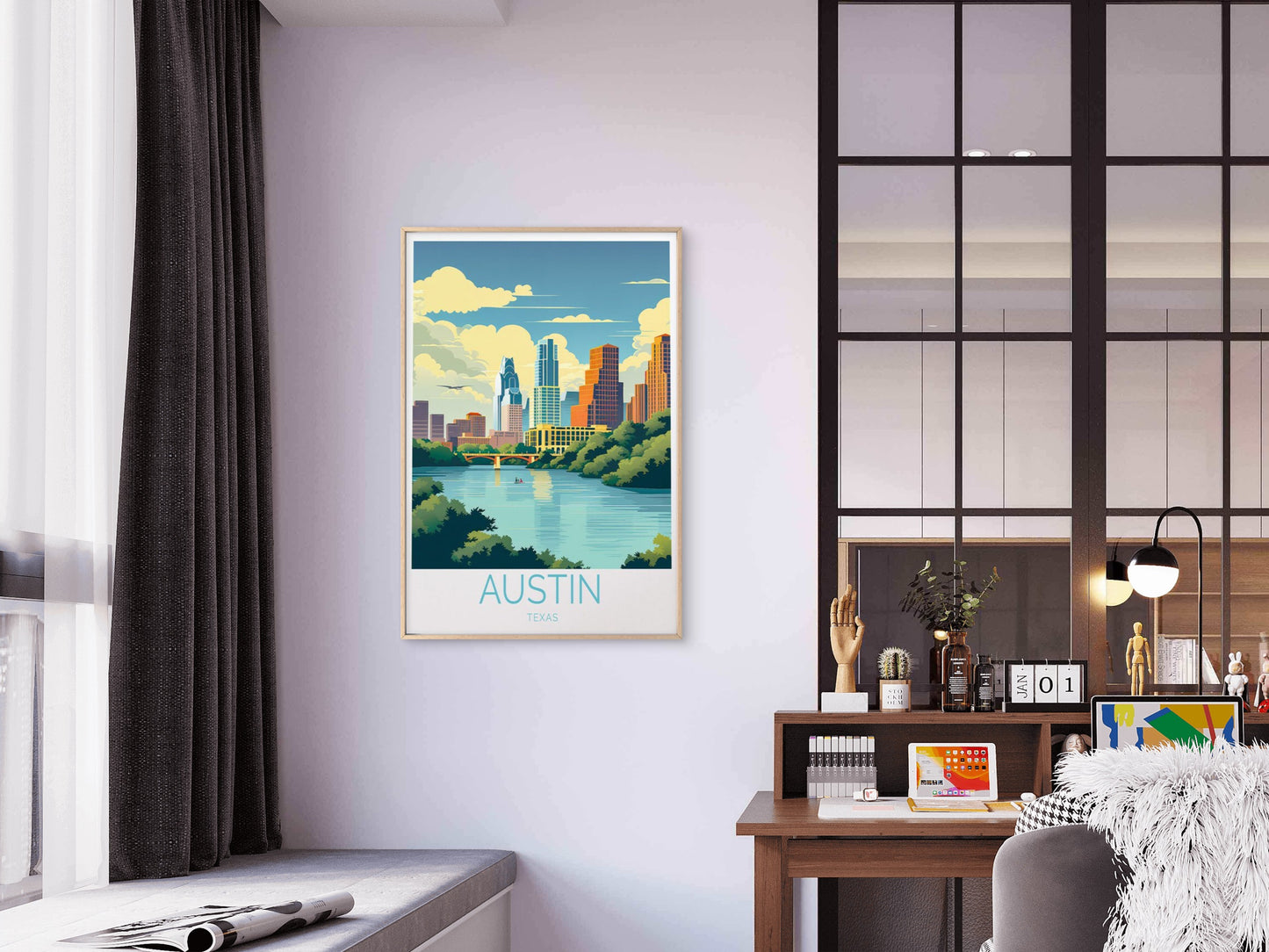 Austin City in Texas, Skyscrapers, Canal Travel Poster Print Wall Art