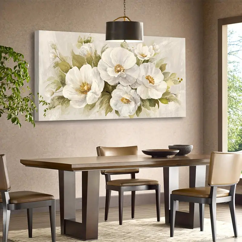 Elegant Beige Floral White Flowers & Green Foliage Wall Art canvas office home room framed 120x60cm