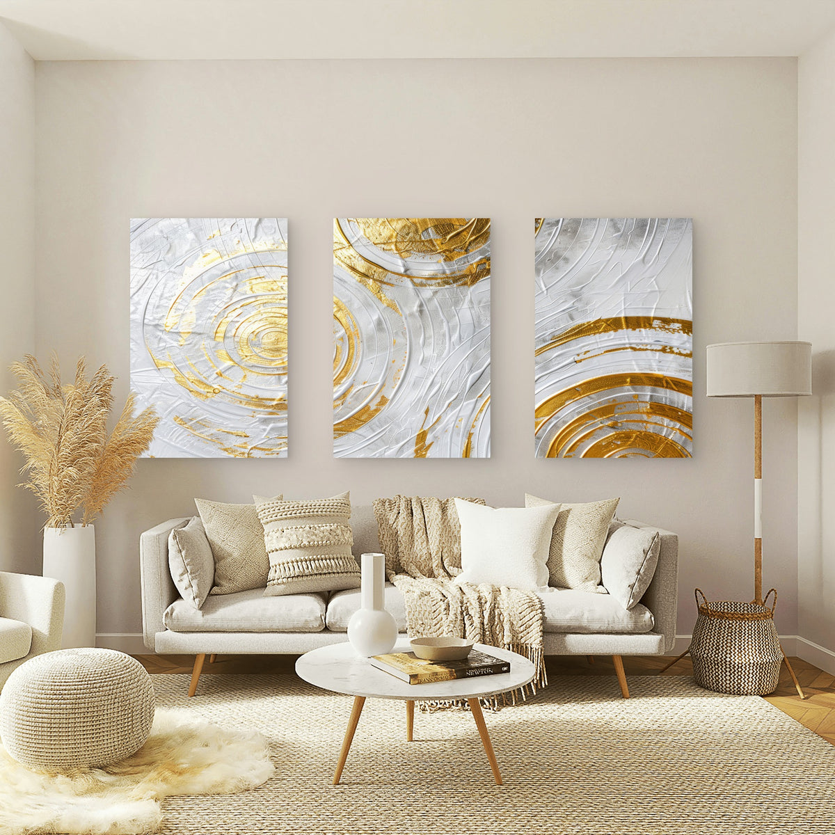 3pcs Nordic Abstract Golden Foil Ripples Wall Art Set Canvas Framed 50x70cm - High Quality Print 100% Australian Made Wall Canvas Ready to Hang