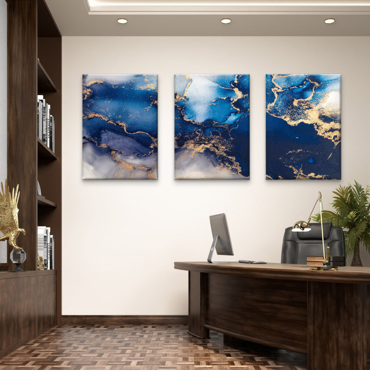 3pcs Modern Navy Indigo Blue Gold Ink Abstract Wall Art Set Canvas Framed 50x70cm - High Quality Print 100% Australian Made Wall Canvas Ready to Hang