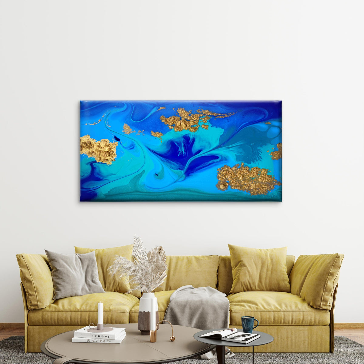 Marbled Blue Gold Abstract Wall Art Canvas Office Home Room Framed 120x60cm