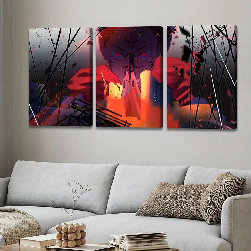 3pcs Sukuna-Inspired Abstract Anime Wall Art Set Canvas Framed 50x70cm - High Quality Print 100% Australian Made Wall Canvas Ready to Hang