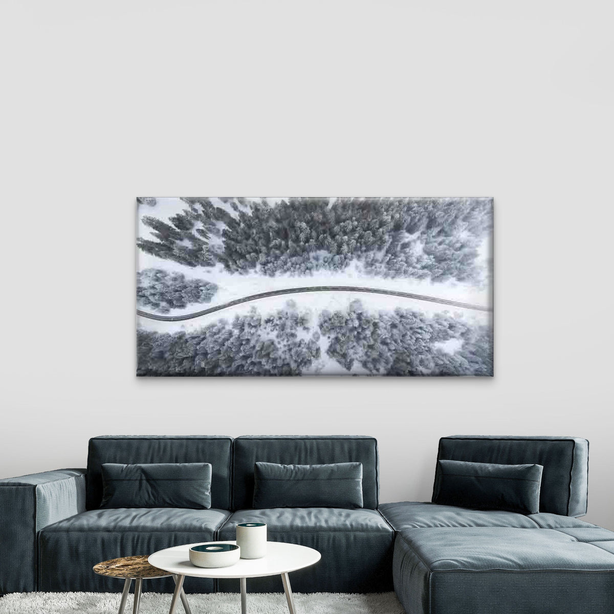 Aerial Winter Forest Road Lands Wall Art Canvas Office Home Room Framed 120x60cm