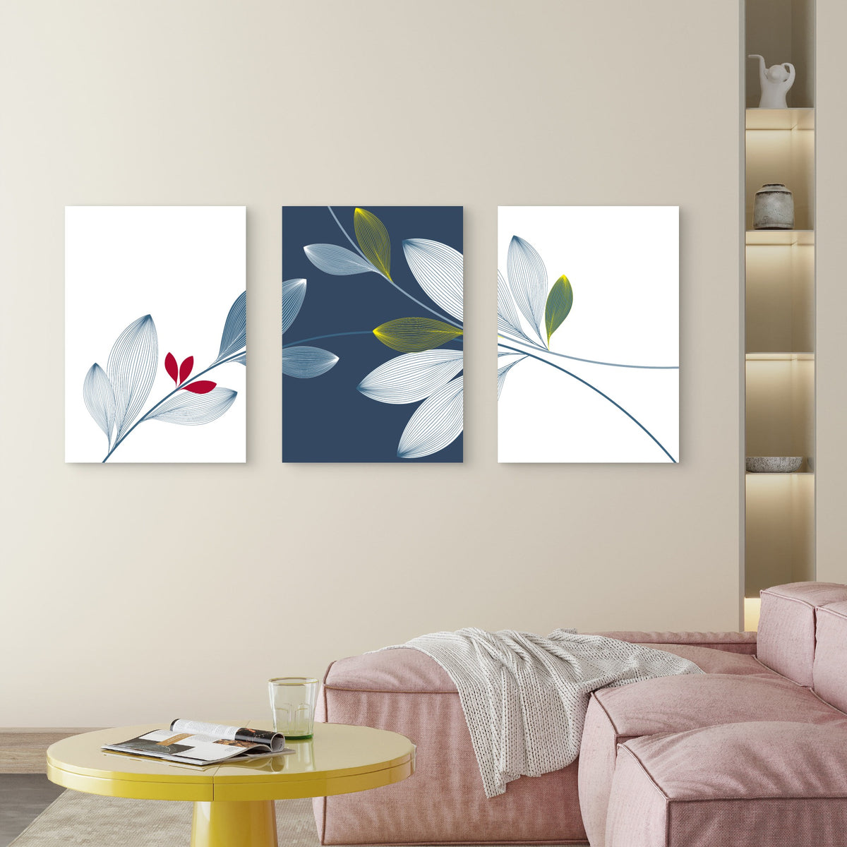 3pcs Navy Blue Gold Leaf Floral Line Art Metal Print Ready to Hang Art