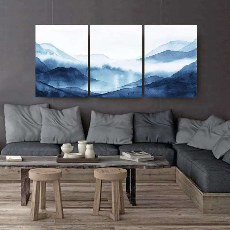 3pcs Blue Watercolor Mountain Nature Wall Art Set Canvas Framed 60x90cm - High Quality Print 100% Australian Made Wall Canvas Ready to Hang